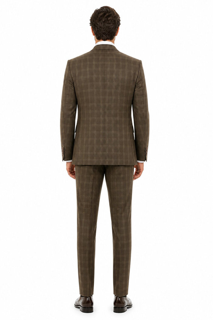 Mens Brown Windowpane Plaid Suit 2-Button Jacket with Double-Breasted Vest