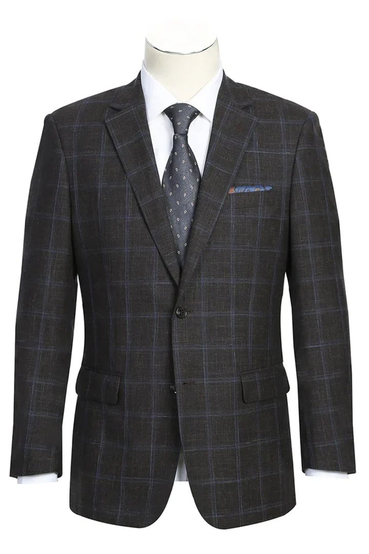 Saco vaquero - Western Sport Coat - Western Blazer-Mens Classic Fit Two Button Wool & Linen Sport Coat Blazer In Brown Windowpane Plaid