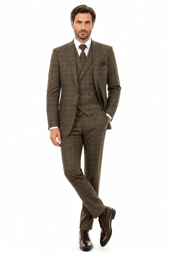 Mens Brown Windowpane Plaid Suit 2-Button Jacket with Double-Breasted Vest