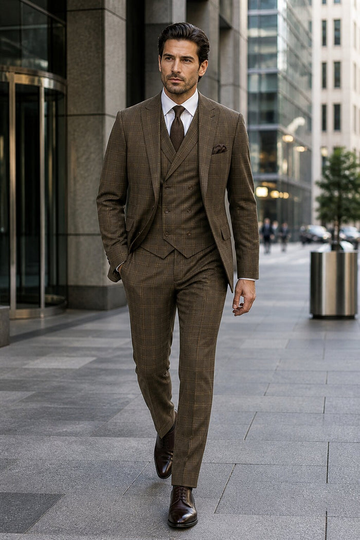 Mens Brown Windowpane Plaid Suit 2-Button Jacket with Double-Breasted Vest