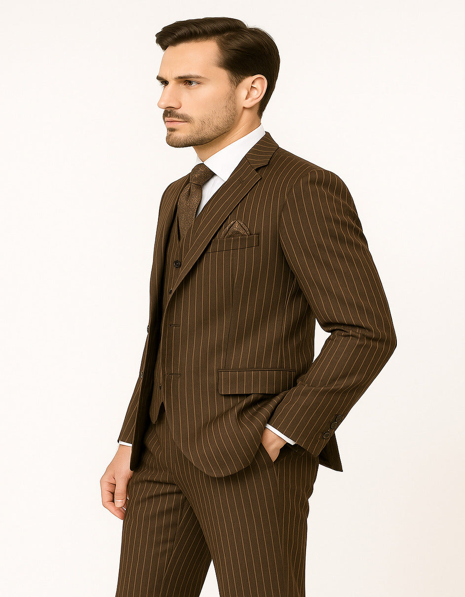 Men's Brown Pinstripe 3-Piece Suit with Matching Vest  Classic Fit Business and Formal Attire