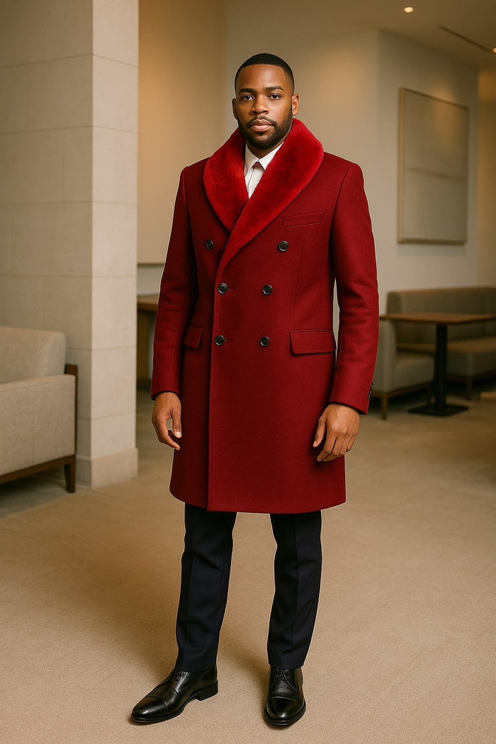 Mens Double-Breasted Burgundy Overcoat with Red Faux Fur Shawl Collar  Alberto Nardoni Winter Coat