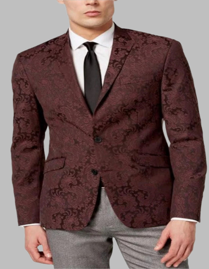 Mens Burgundy Paisley Tuxedo Blazer  Slim Fit Formal Dinner Jacket - Velvet Fabric - Slim Fitted