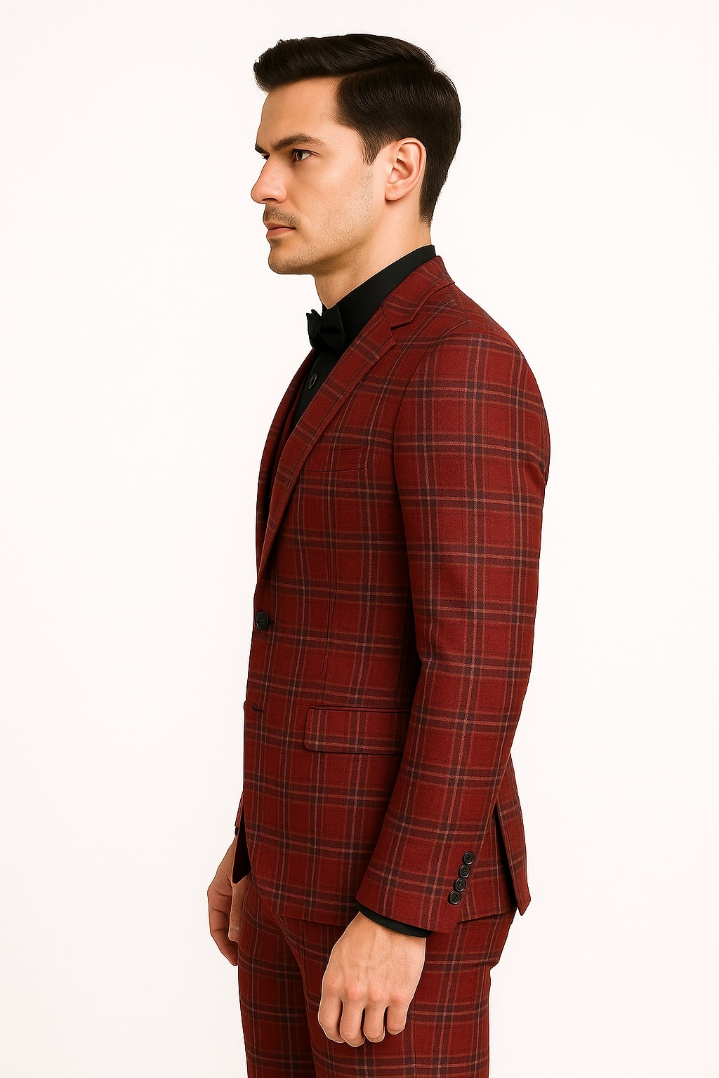 Mens Burgundy Plaid Three-Piece Suit  Ultra Slim Fit Checkered Windowpane Redish 544-10