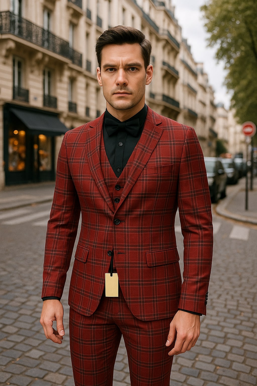 Mens Burgundy Plaid Three-Piece Suit  Ultra Slim Fit Checkered Windowpane Redish 544-10