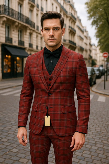 Mens Burgundy Plaid Three-Piece Suit  Ultra Slim Fit Checkered Windowpane Redish 544-10