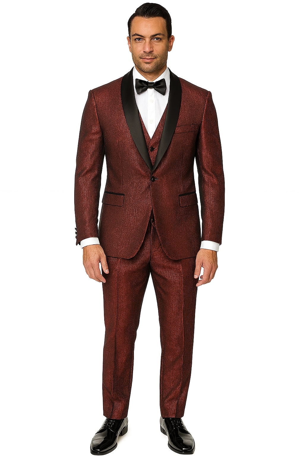 Mens Burgundy Shiny Stripe Tuxedo Jacket  Slim Fit Satin Lapel Dinner Blazer for Formal Events