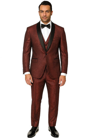 Mens Burgundy Shiny Stripe Tuxedo Jacket  Slim Fit Satin Lapel Dinner Blazer for Formal Events