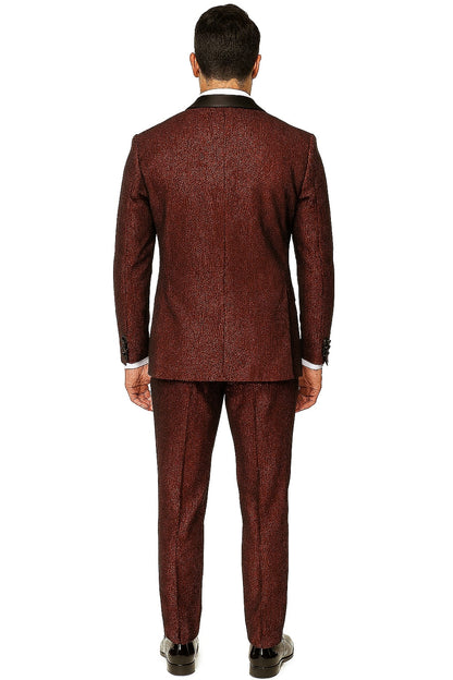 Mens Burgundy Shiny Stripe Tuxedo Jacket  Slim Fit Satin Lapel Dinner Blazer for Formal Events