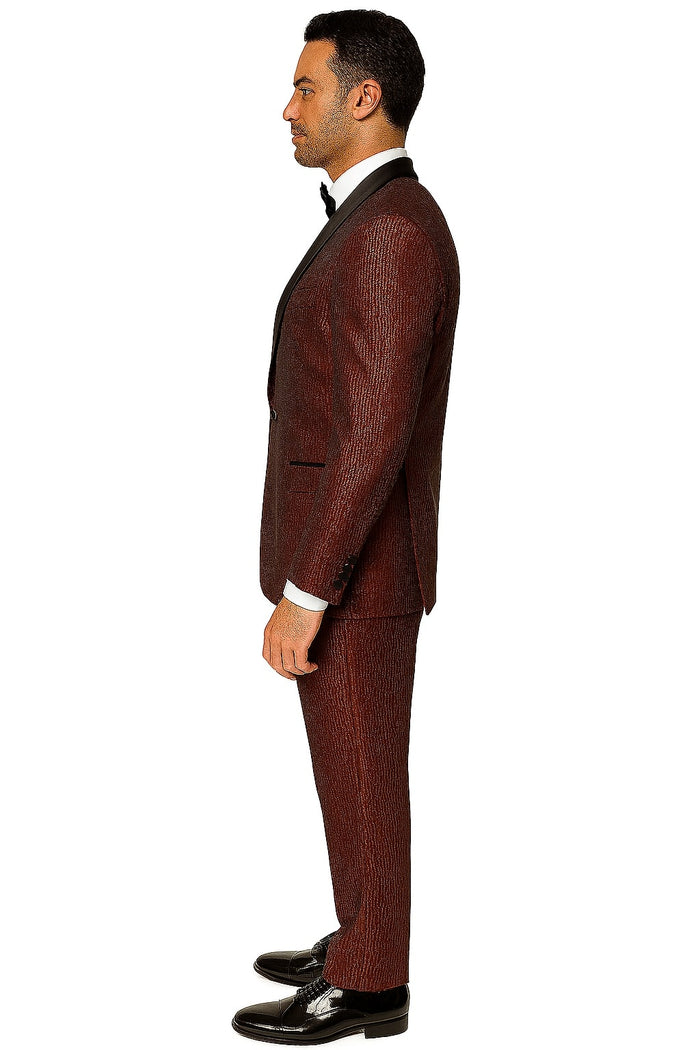 Mens Burgundy Shiny Stripe Tuxedo Jacket  Slim Fit Satin Lapel Dinner Blazer for Formal Events