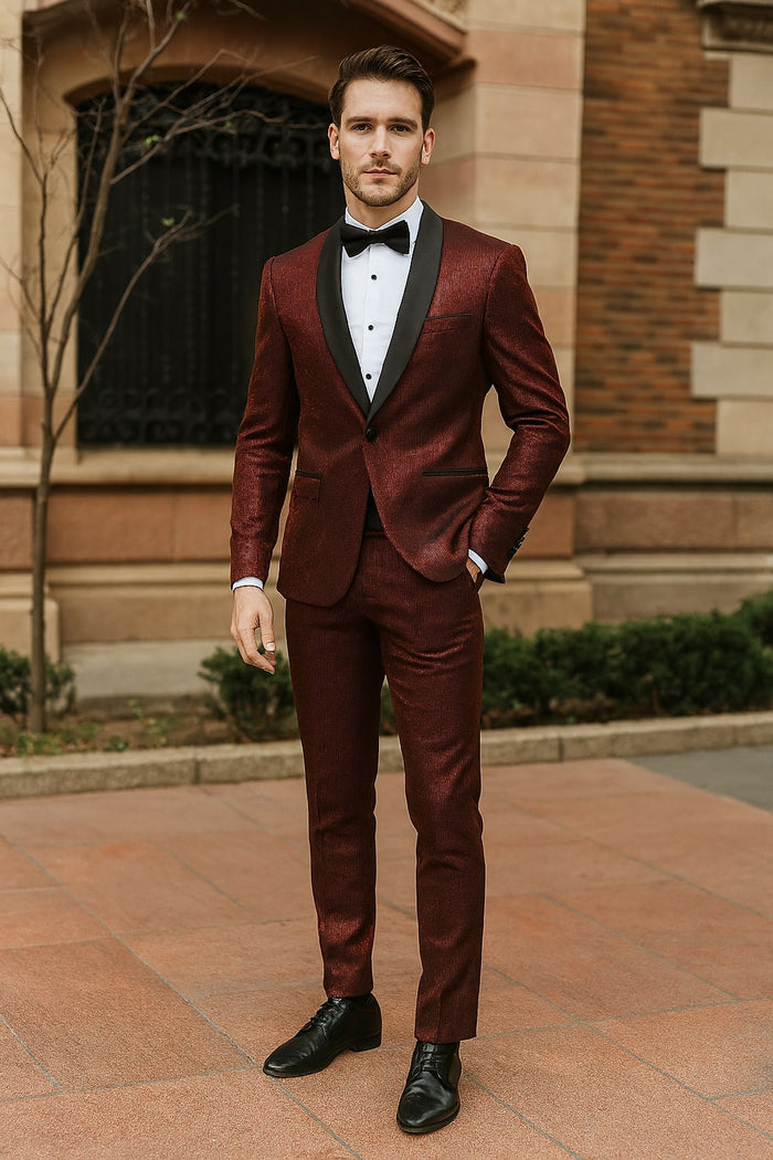 Mens Burgundy Shiny Stripe Tuxedo Jacket  Slim Fit Satin Lapel Dinner Blazer for Formal Events