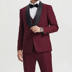 Stacy Adams 3pc Tuxedo Shawl Lapel, Burgundy Red - Men's Tuxedo USA