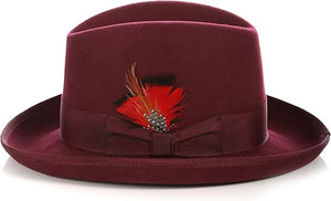 Gangster 100% Australian Wool Crushable Mens Fedora Hat - Removable Feather Gangster  Burgundy Mens Fedora Hat