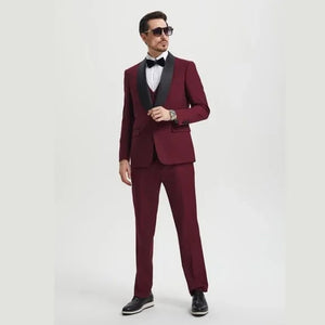 Stacy Adams 3pc Tuxedo Shawl Lapel, Burgundy Red - Men's Tuxedo USA