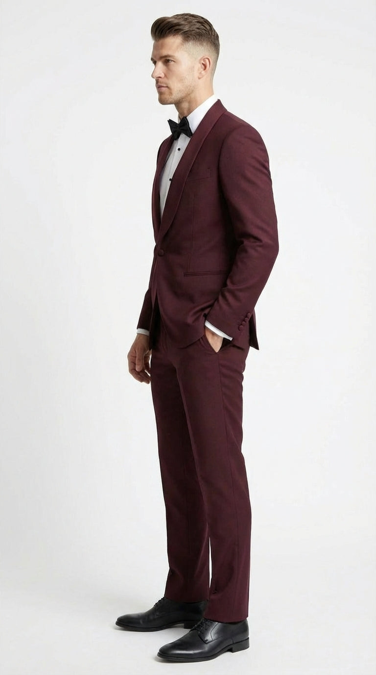 Men's Burgundy and Burgundy Shawl Lapel Tuxedo Suit | Classic Formal Wedding Prom Dinner Jacket Set