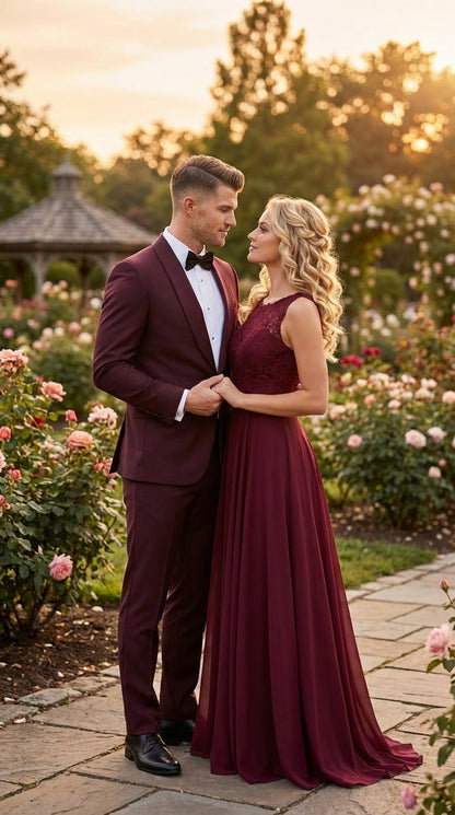 Men's Burgundy and Burgundy Shawl Lapel Tuxedo Suit | Classic Formal Wedding Prom Dinner Jacket Set