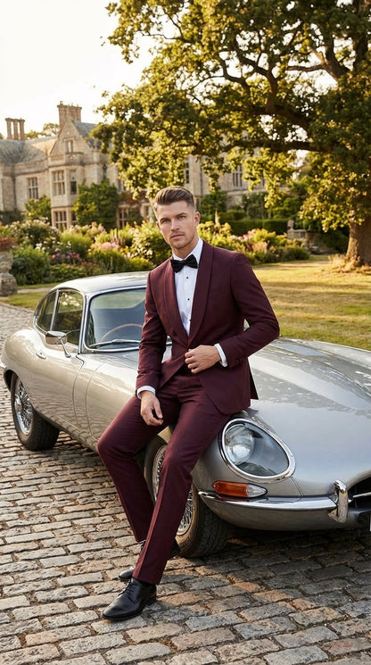 Men's Burgundy and Burgundy Shawl Lapel Tuxedo Suit | Classic Formal Wedding Prom Dinner Jacket Set