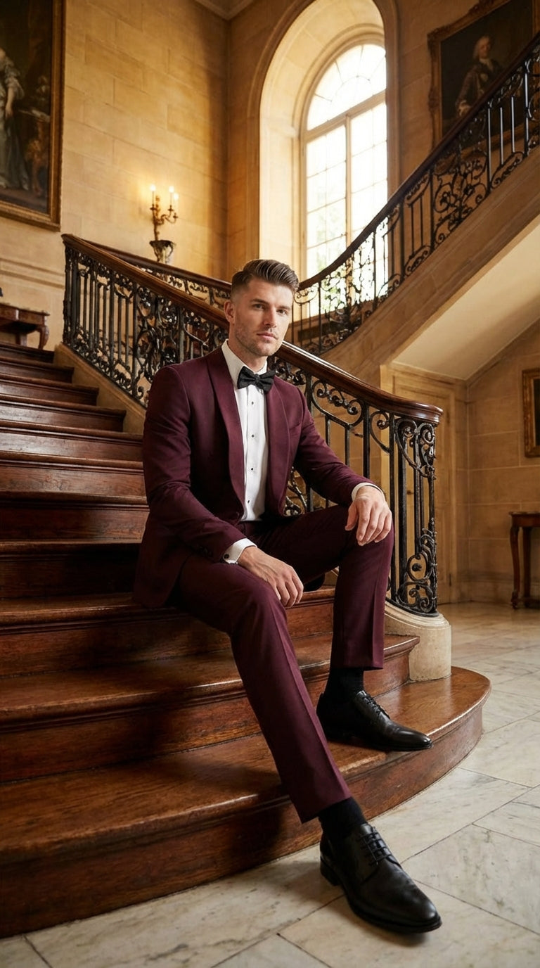 Men's Burgundy and Burgundy Shawl Lapel Tuxedo Suit | Classic Formal Wedding Prom Dinner Jacket Set