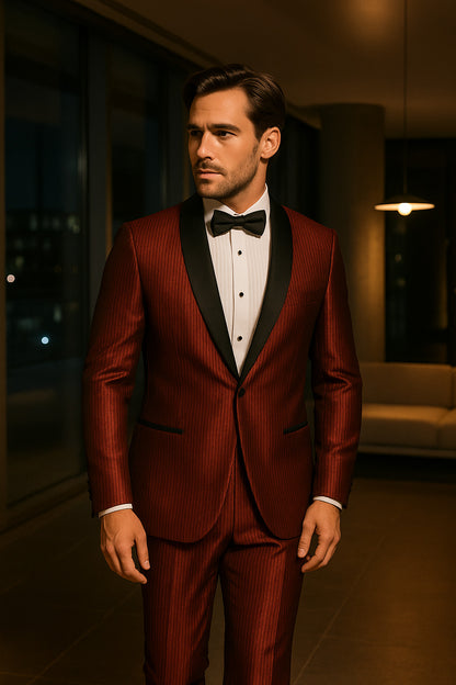 Men's Burgundy Shiny Tuxedo with Black Satin Shawl Lapel  Ultra Slim Fit Party & Prom Suit