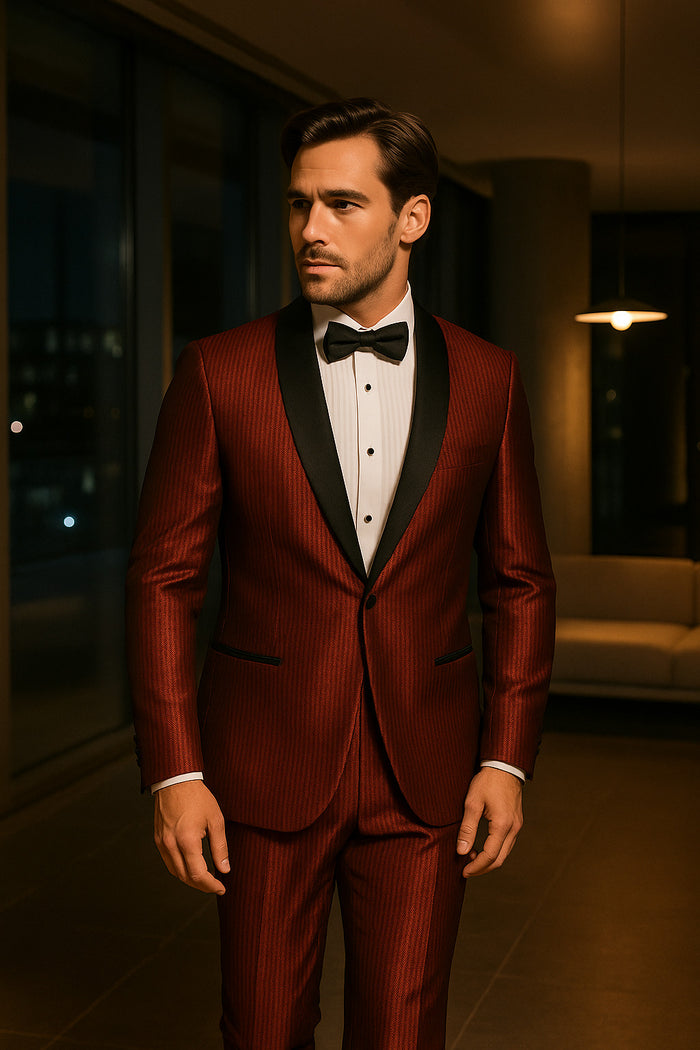 Men's Burgundy Shiny Tuxedo with Black Satin Shawl Lapel  Ultra Slim Fit Party & Prom Suit