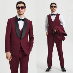 Stacy Adams 3pc Tuxedo Shawl Lapel, Burgundy Red - Men's Tuxedo USA