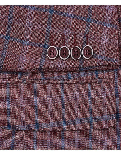 Mens Two Button Classic Fit Sport Coat Burgundy Red Windowpane Plaid Blazer - Men's Tuxedo USA