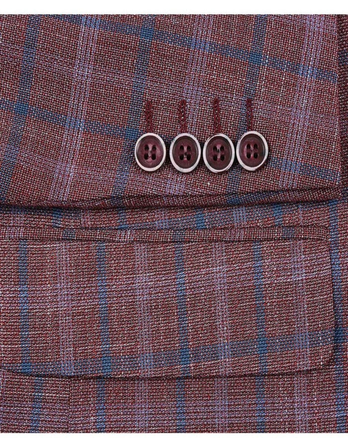 Mens Two Button Classic Fit Sport Coat Burgundy Red Windowpane Plaid Blazer - Men's Tuxedo USA