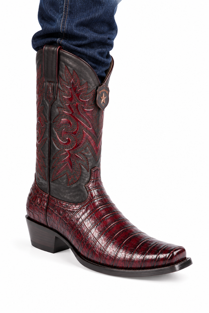 Black Cherry Caiman Cowboy Boots Square Toe