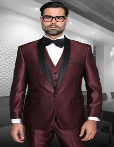 Burgundy Tuxedo - Maroon Burgundy Color - Shiny Burgundy Tuxedo - Sharkskin Maroon Tuxedo Suit