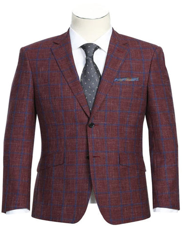 Mens Slim Fit Two Button Wool Sport Coat Burgundy and Blue Windowpane Plaid Blazer