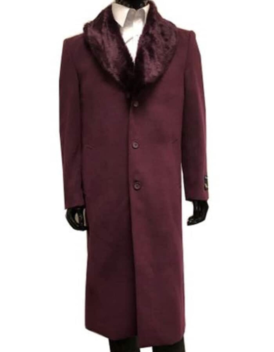 Mens Overcoat - Topcoat For Men - Winter Fabric - men's Wool men's Single Breasted Overcoat With Fur Collar Full Length 48 Inches - Men's Tuxedo USA