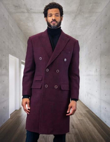 Mens Overcoat - Topcoat For Men - Winter Fabric - Statement Double Breasted Burgundy Overcoat - Men's Tuxedo USA