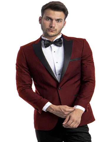 Mens Burgundy Prom Tuxedo - Maroon Wedding Dinner Peak Lapel Suit