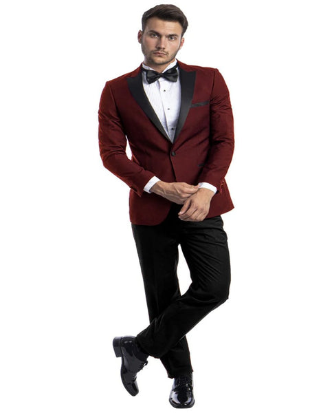 Men's Vested One Button Peak Lapel Designer Wedding Tuxedo in Burgundy main image 0