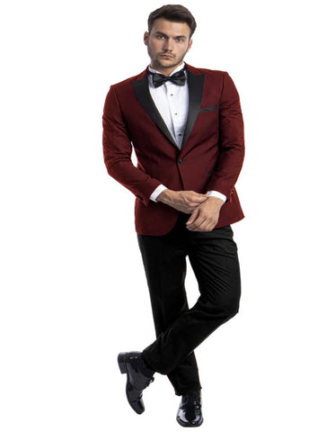 Mens Burgundy Prom Tuxedo - Maroon Wedding Dinner Peak Lapel Suit