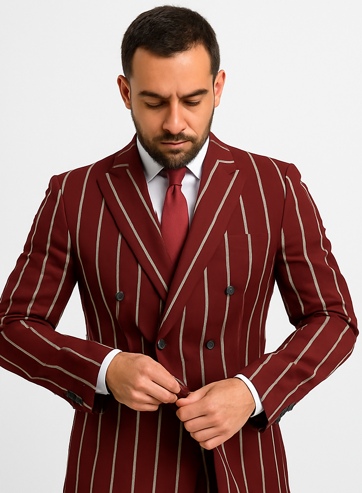 Burgundy Pinstripe Suit - Mens 1920s Gangster Pinstripe Suit - Style Chalk Pinstripe