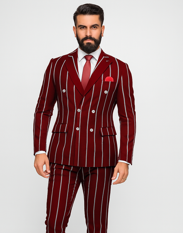 Burgundy Pinstripe Suit - Mens 1920s Gangster Pinstripe Suit - Style Chalk Pinstripe