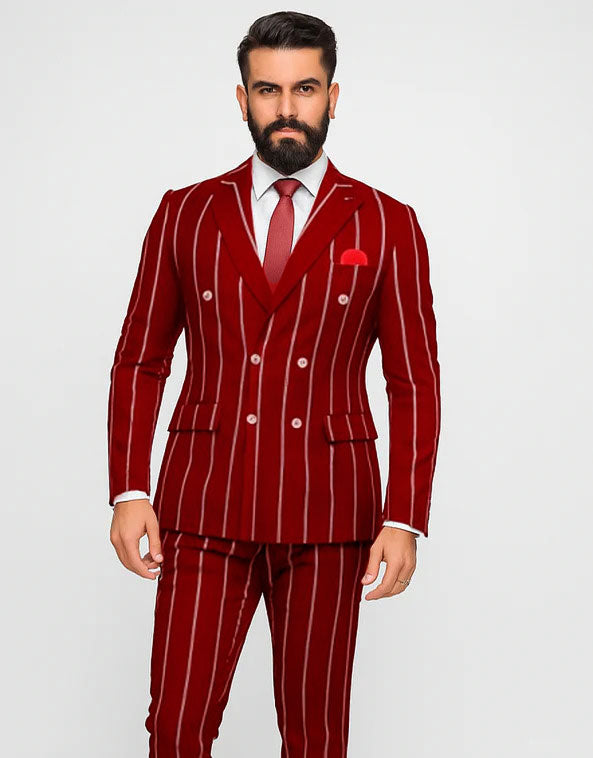 Burgundy Pinstripe Suit - Mens 1920s Gangster Pinstripe Suit - Double Breasted Chalk Pinstripe