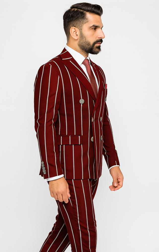 Burgundy Pinstripe Suit - Mens 1920s Gangster Pinstripe Suit - Style Chalk Pinstripe