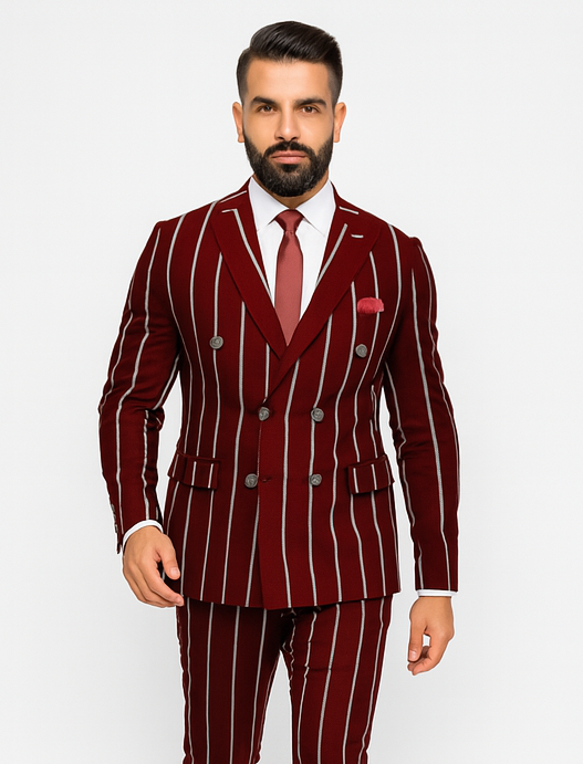 Burgundy Pinstripe Suit - Mens 1920s Gangster Pinstripe Suit - Style Chalk Pinstripe