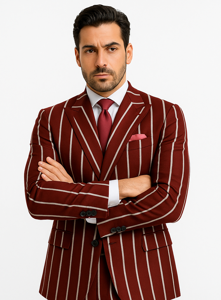 Burgundy Pinstripe Suit - Mens 1920s Gangster Pinstripe Suit - Style Chalk Pinstripe