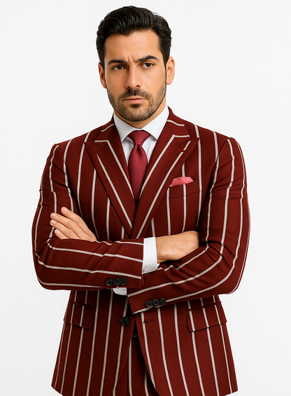 Burgundy Pinstripe Suit - Mens 1920s Gangster Pinstripe Suit - Style Chalk Pinstripe