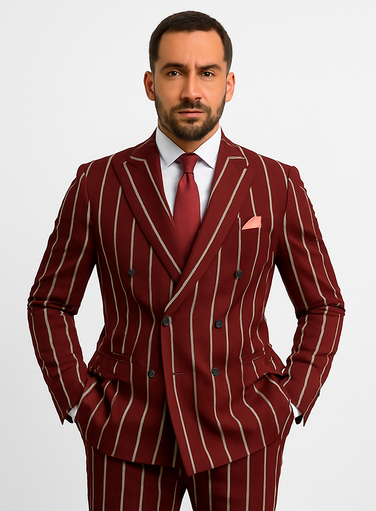 Burgundy Pinstripe Suit - Mens 1920s Gangster Pinstripe Suit - Style Chalk Pinstripe
