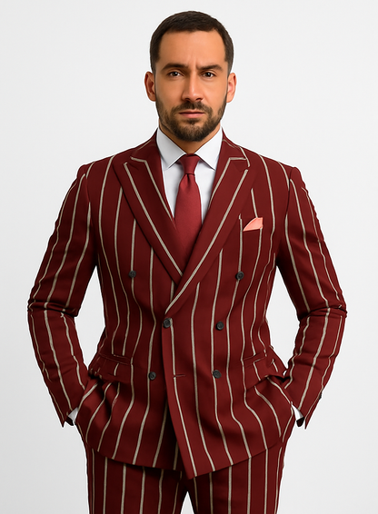 Burgundy Pinstripe Suit - Mens 1920s Gangster Pinstripe Suit - Style Chalk Pinstripe
