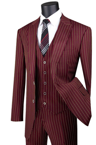 Mens Vested Gangster Pinstripe 1920's Vintage Suit in Burgundy with Gold Pinstripes - Men's Tuxedo USA