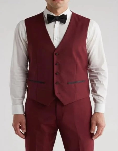 Men'S Two Toned And Fashion Trim Lapel Burgundy Wedding / Prom / Homecoming Tuxedo Vested 3 Pieces Burgundy Suit main image 1