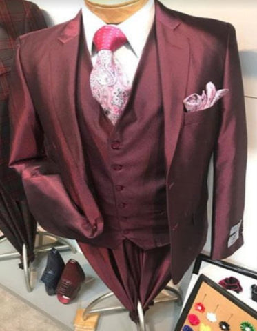 Burgundy Tuxedo - Maroon Burgundy Color - Shiny Burgundy Vested Suit - 3 Pieces Maroon Flashy Suit