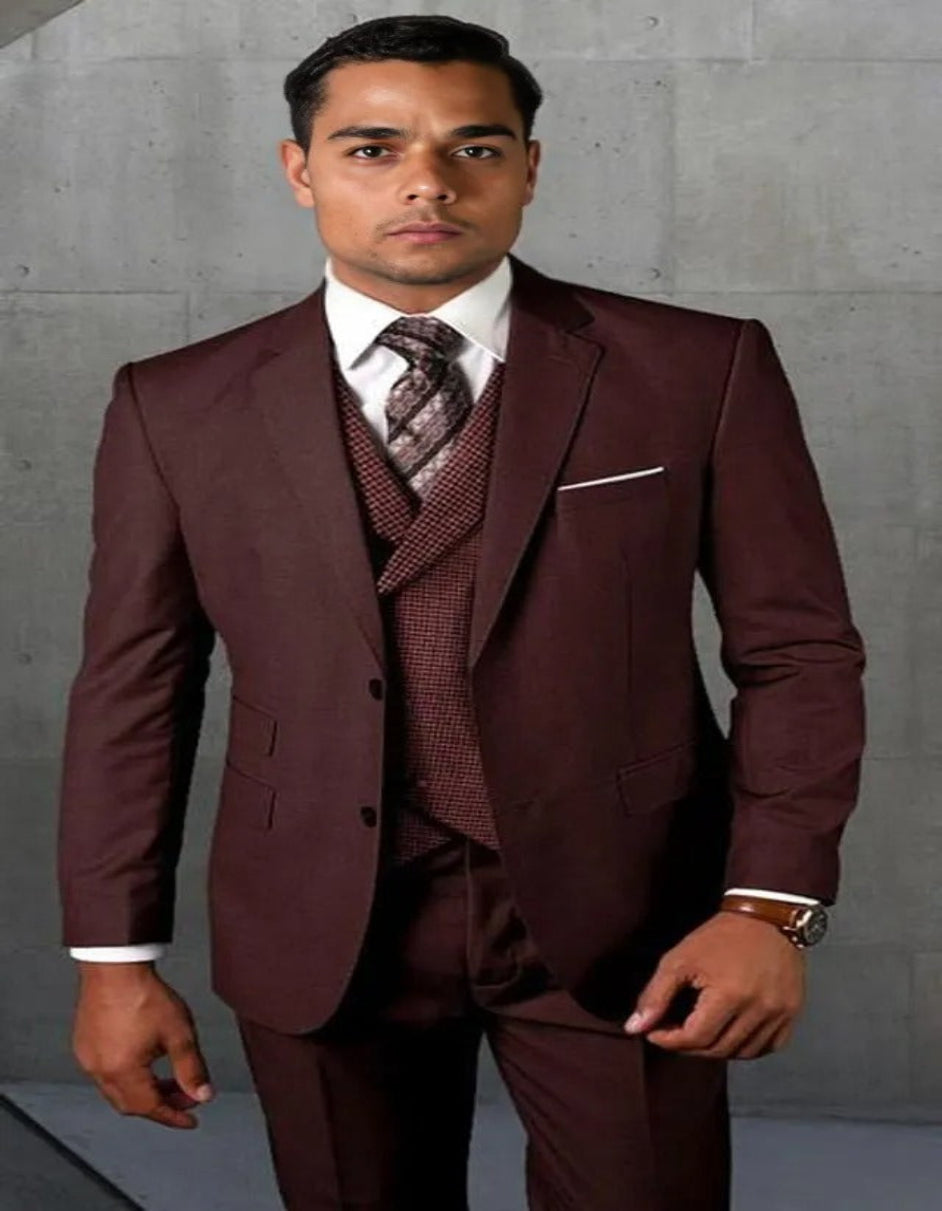 Statement Mens 3 Piece DB Gatsby Vest Modern Fit Suit Burgundy Marco