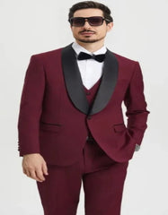 Burgundy Tuxedo - Maroon Burgundy Color - Mens One Button Shawl Lapel Matching Pants and Vest Tuxedo in Burgundy