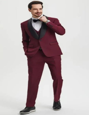 Burgundy Tuxedo - Maroon Burgundy Color - Mens One Button Shawl Lapel Matching Pants and Vest Tuxedo in Burgundy